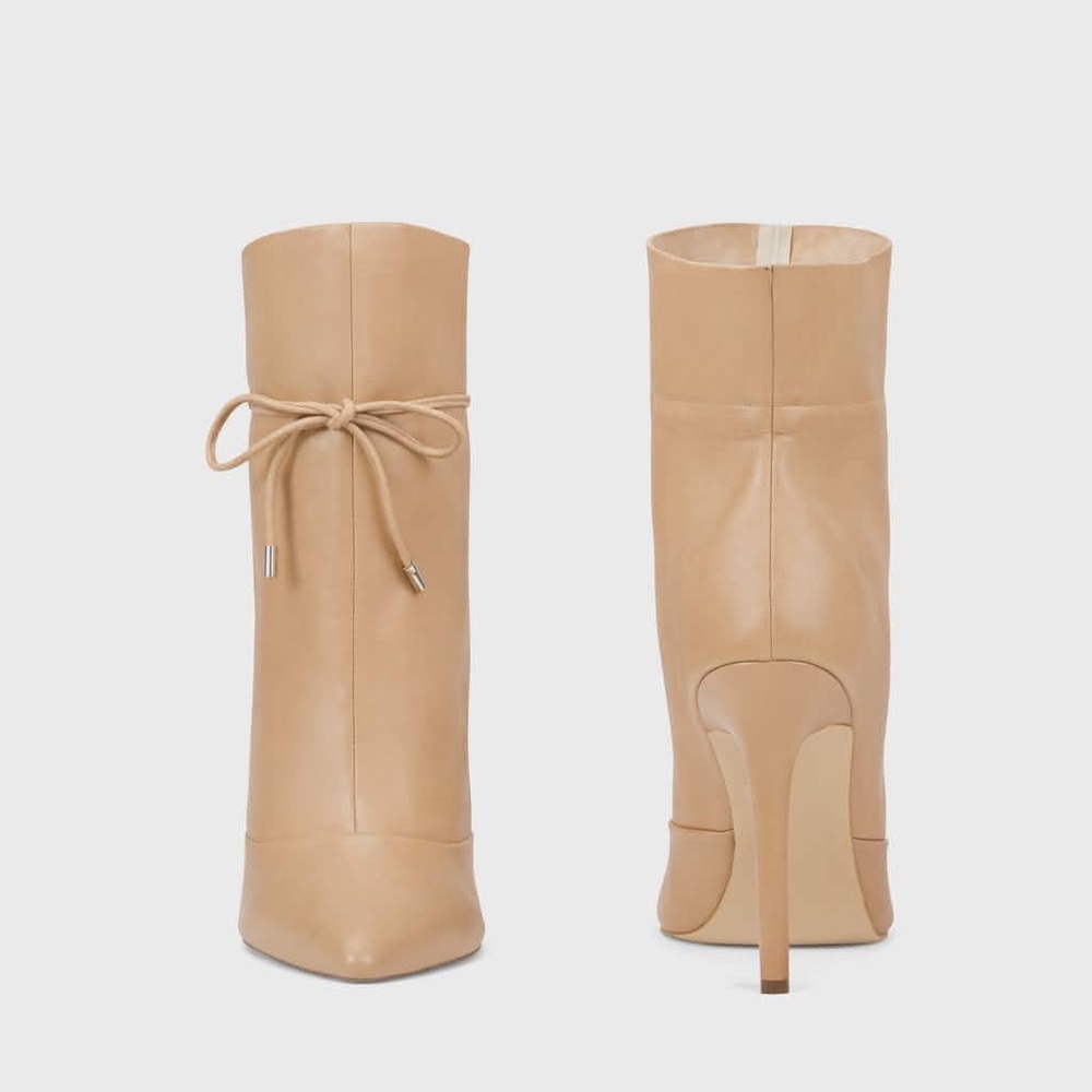 NWT Box Sz 8. Nine West Tan Leather “Tirzah” Almond Toe Stiletto Boot Tie Detail - Picture 2 of 8